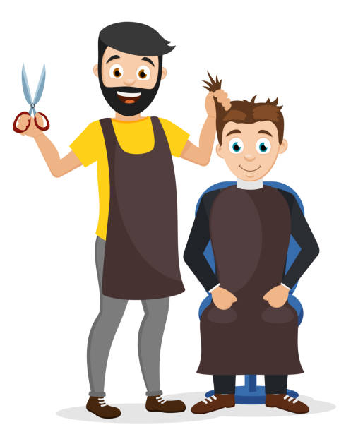 A man haircuts in a barber shop on a white background. Characters